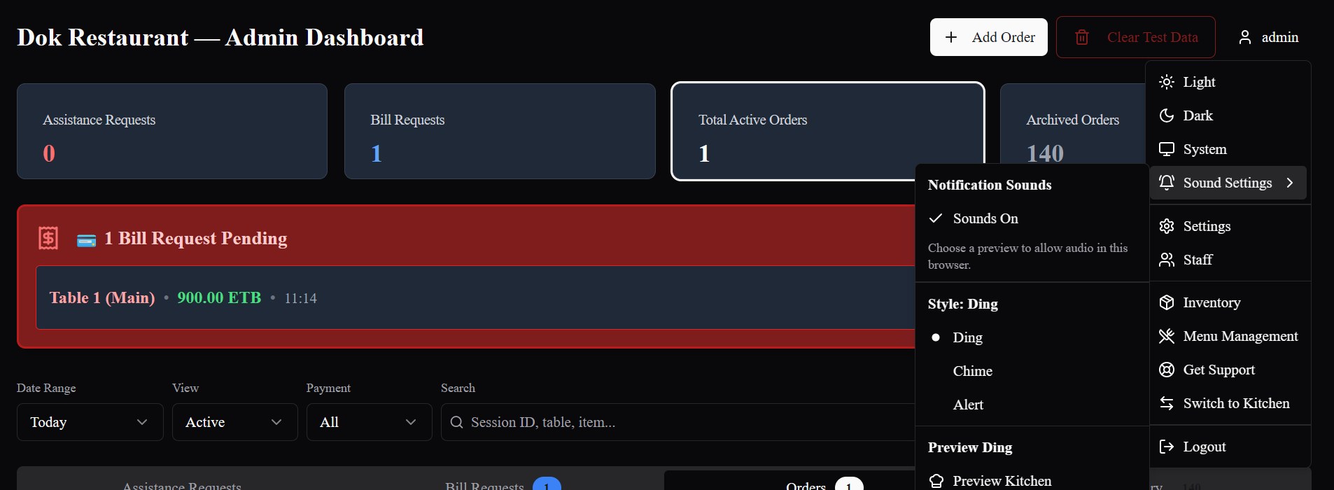 Bilu admin dashboard showing active order stats and a pending bill request