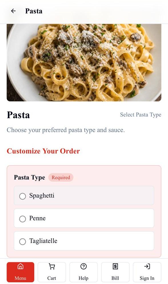 Bilu item customization screen with required pasta options