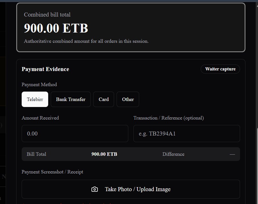 Bilu payment evidence verification panel for a 900 ETB settlement
