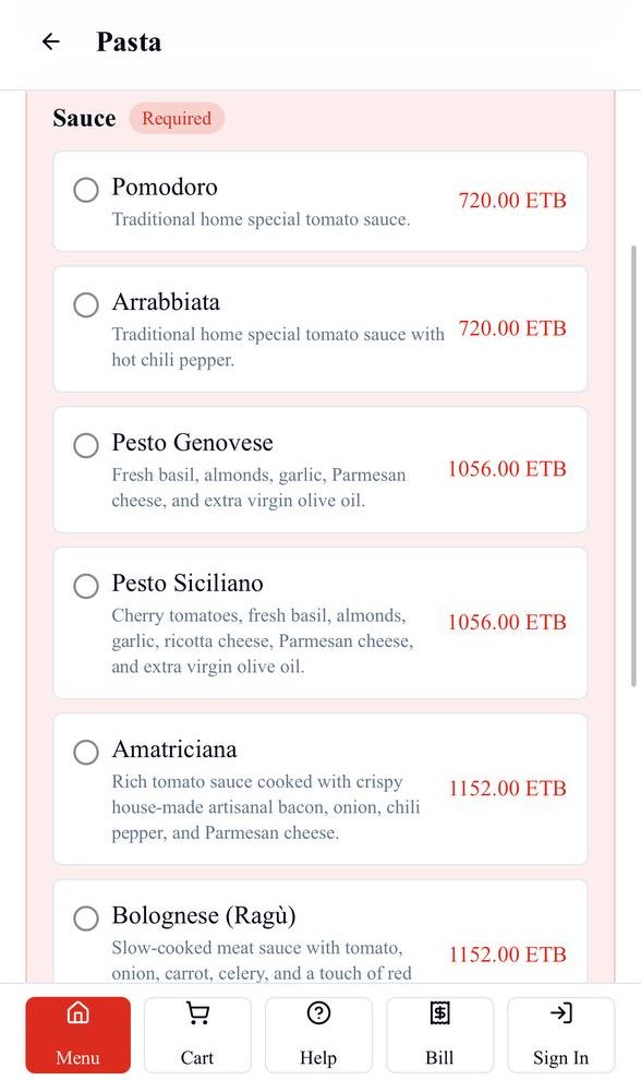 Bilu sauce selection screen listing options with prices in ETB